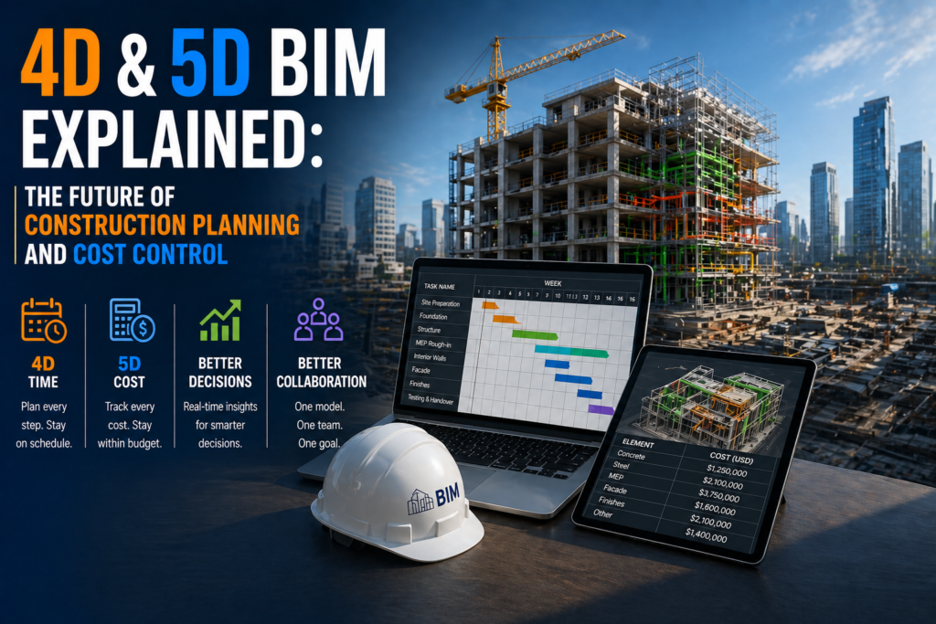4d and 5d bim integration showing construction scheduling and cost estimation with time and budget linked to 3d building information model