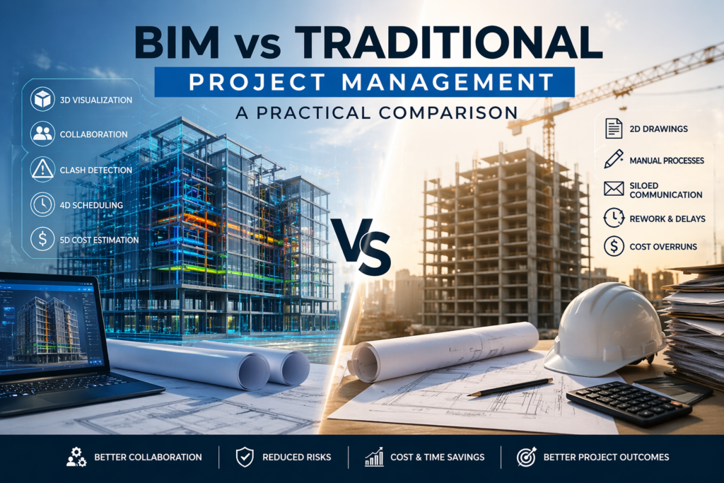 BIM vs Traditional Project Management comparison showing digital BIM model vs manual construction workflow