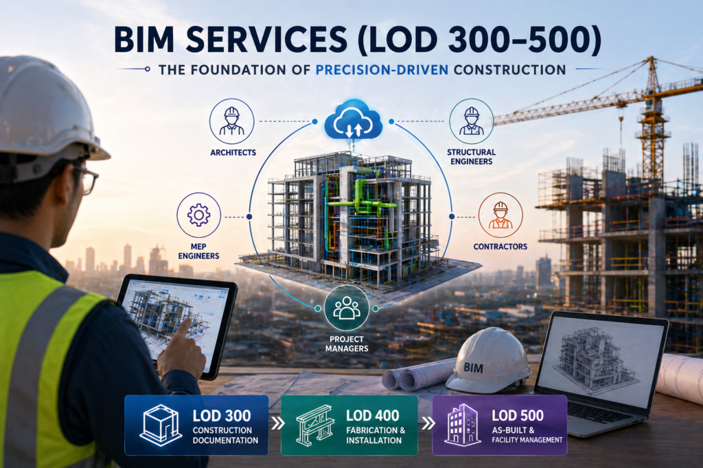 BIM services LOD 300 400 500 showing construction-ready models, fabrication-level detailing, and as-built digital building information modeling in modern construction