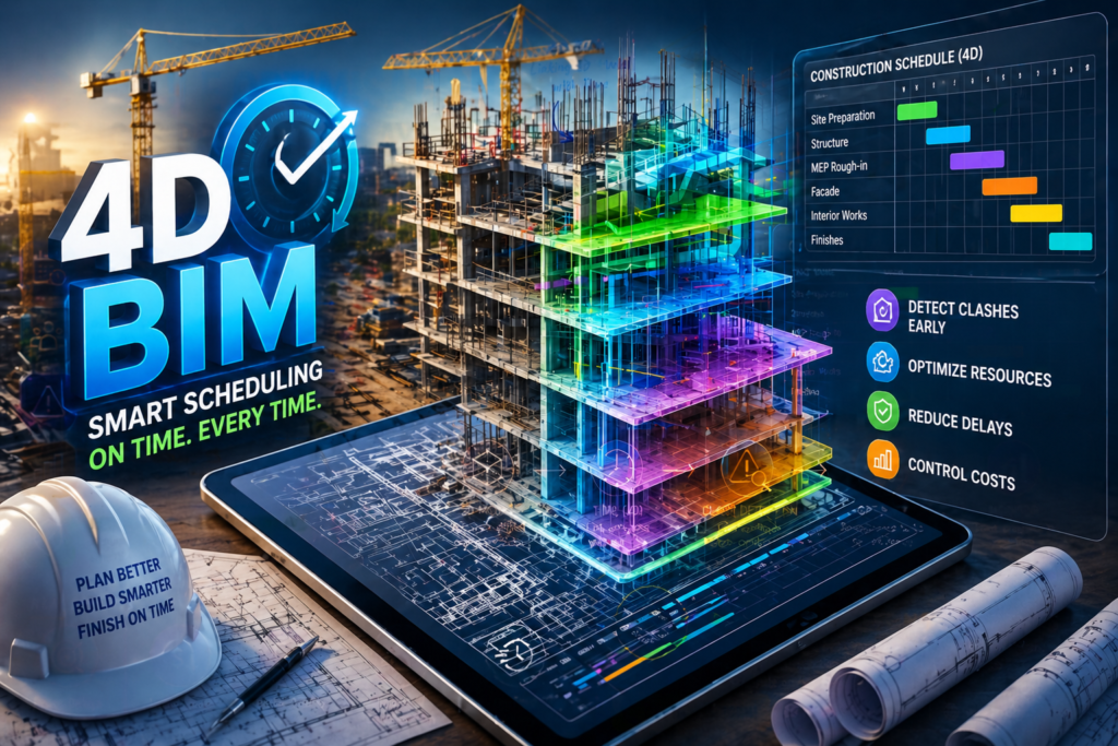 BIM-based schedule optimisation using 4D BIM to reduce construction project delays with 3D model visualization, clash detection, and timeline planning