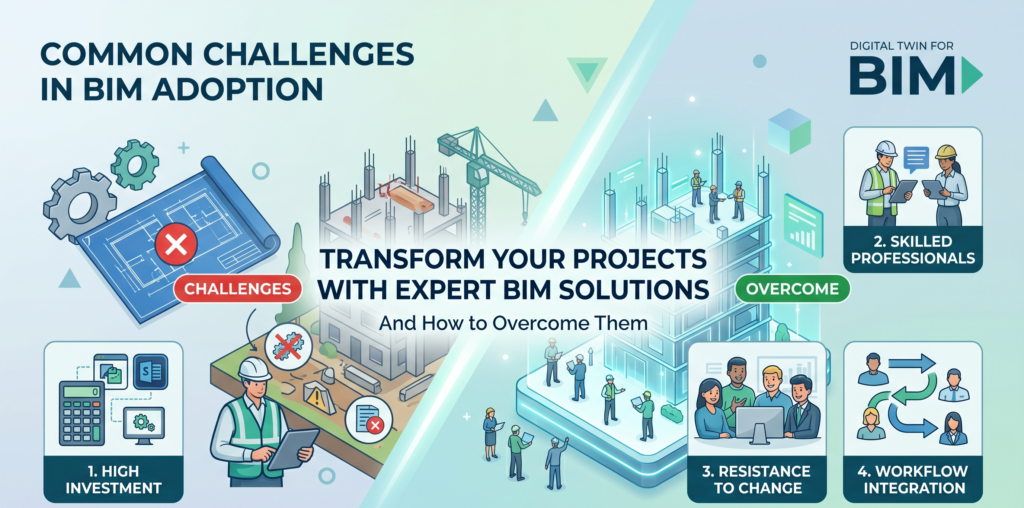Challenges in BIM adoption and how to overcome them including cost, skills gap, resistance to change, and data management in construction