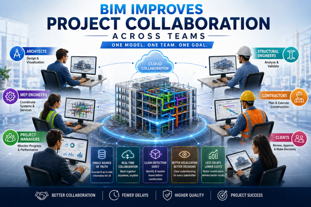 BIM improves project collaboration across teams with real-time cloud coordination, clash detection, and centralized construction data management