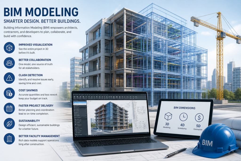 Building Information Modeling BIM 3D model showing architectural design, construction workflow, clash detection, and project planning for modern buildings